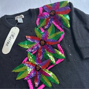 NWT VTG 90’s Marina Black Sweater Sz 1X  Sequence Flowers & Appliqué Wing Sleeve